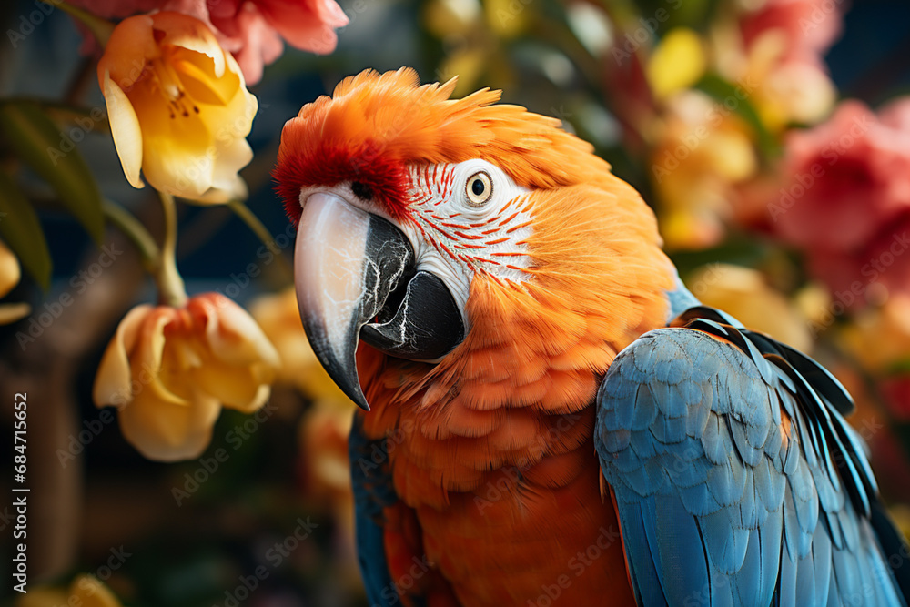 Poster a curious parrot with vibrant feathers perched on a peach-colored branch, its gaze fixated on an uns