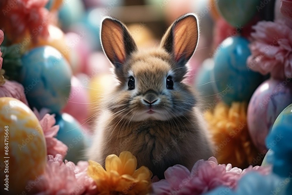 Poster a fluffy bunny surrounded by pastel-colored easter eggs, creating a festive and charming composition