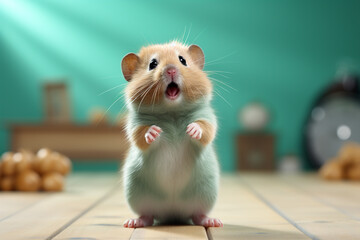 An alert hamster standing on its hind legs, set against a mint green background, its tiny paws adding to the cuteness.