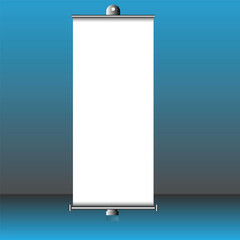 Roll up banner stand isolated on blue background. Vector blank display mockup for presentation or exhibition product template.
