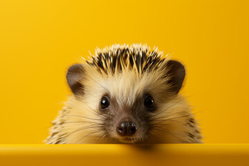 An inquisitive hedgehog exploring a pale yellow environment, its tiny spines and button-like eyes captured in detail.