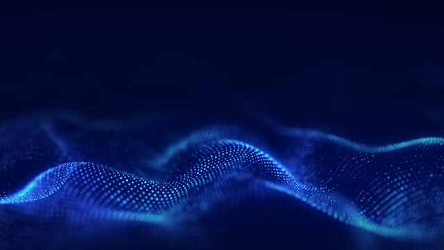 Dynamic blue wave of particles. Abstract futuristic background. Big data visualization. 3D rendering. © ihor