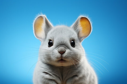 A mesmerizing shot of a chinchilla in a powdery blue setting, its soft fur and bright eyes creating an adorable image.