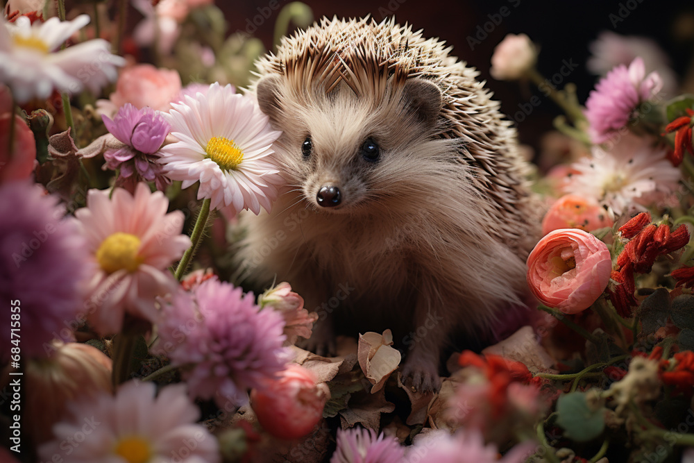 Poster a whimsical composition of a hedgehog exploring a garden of pastel-colored flowers, adding a touch o