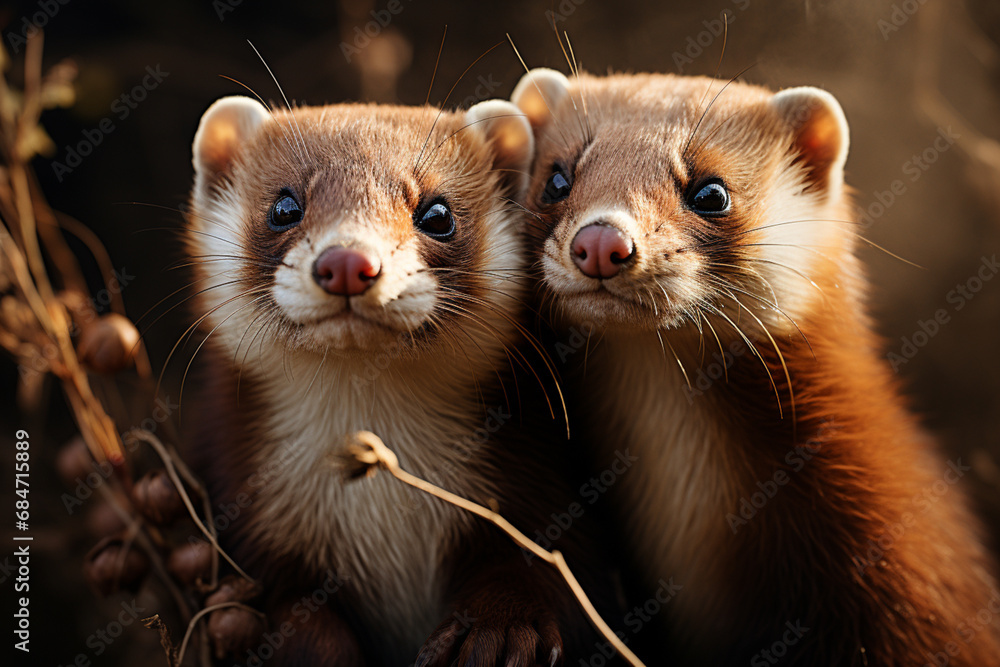 Poster a graceful pair of ferrets entwined in a playful embrace, their sleek fur and dynamic poses creating