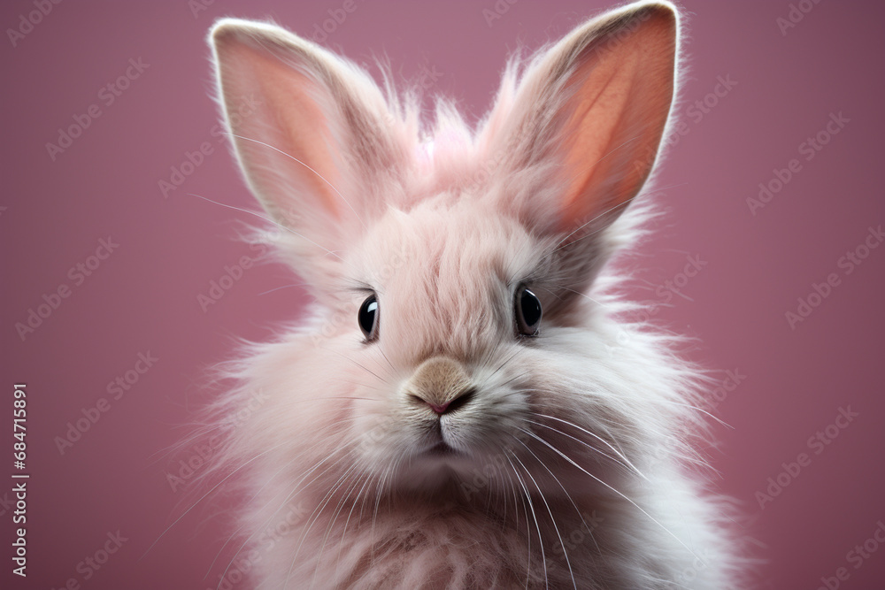Poster a serene portrait of a lionhead rabbit against a powdery pink setting, showcasing its distinctive ma
