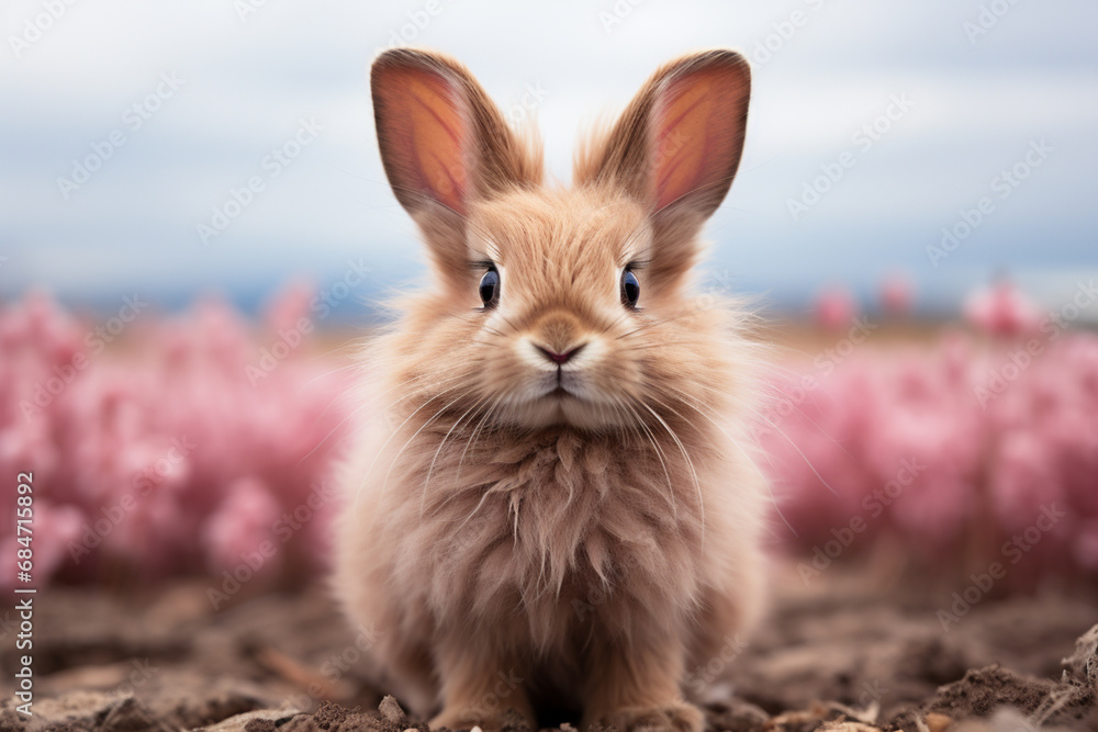 Poster a serene portrait of a lionhead rabbit against a powdery pink setting, showcasing its distinctive ma