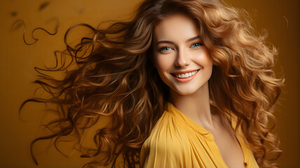Naklejka premium Happy young and smiling woman with copy space. Well dressed against solid background.