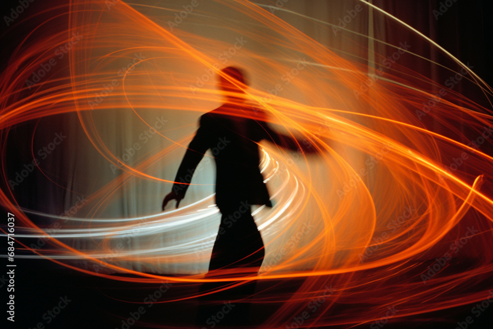 Poster A person captured in a dynamic pose within abstract motion patterns, expressing the kinetic energy and movement often incorporated into modern design.