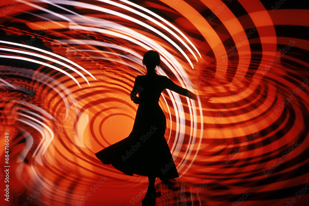 Poster A person captured in a dynamic pose within abstract motion patterns, expressing the kinetic energy and movement often incorporated into modern design.