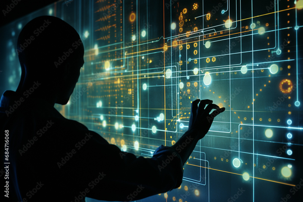 Poster close-up of a person interacting with abstract interactive interfaces, showcasing the user-friendly 