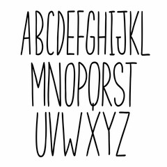 Scribble narrow black english A to Z alphabet latin abc font collection. Vector illustration in doodle hand written style isolated on white background. For logo, naming, learning, card, school, design