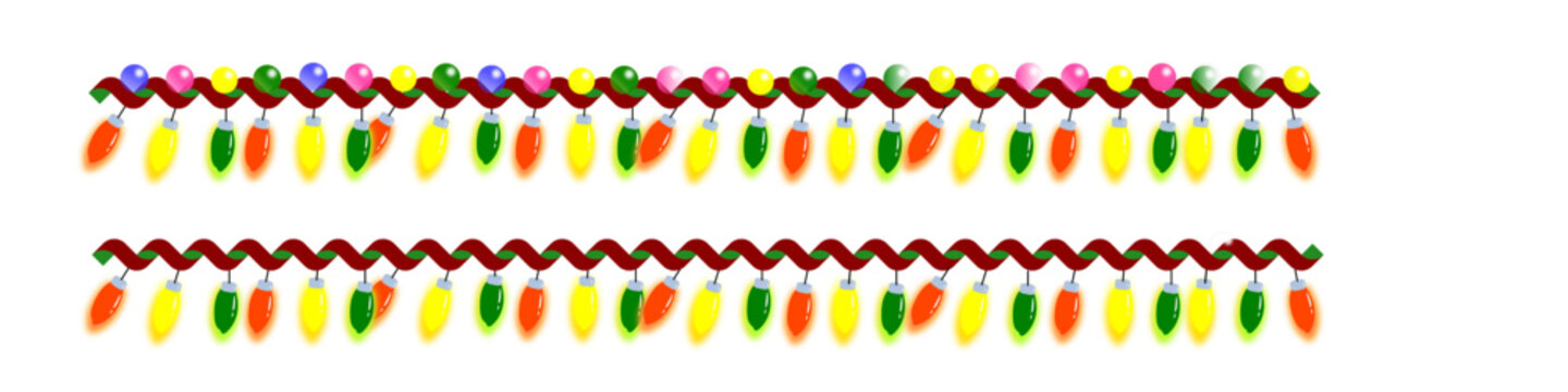 Colorful christmas hanging lights on chain pattern on transparent background.