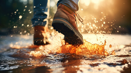 Hiking in wet weather, trekking boot hits a puddle, water splash - obrazy, fototapety, plakaty