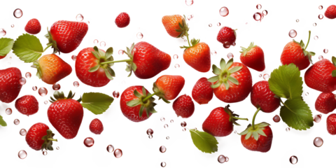 Strawberries and leaves floating in the air isolated on transparent background