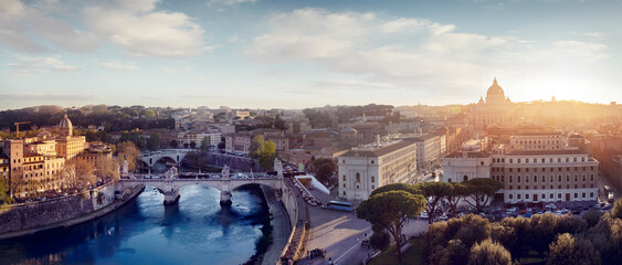 Panorama of Rome and Vatican city at sunset, Italy - obrazy, fototapety, plakaty