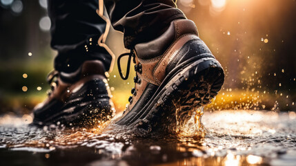 Hiking in wet weather, trekking boot hits a puddle, water splash