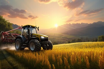 Tractor spraying pesticides on corn field with sprayer at spring. AI generated image - obrazy, fototapety, plakaty
