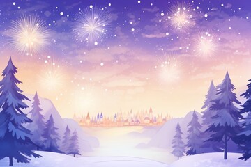 Winter forest landscape with snow and fireworks over a tiny city