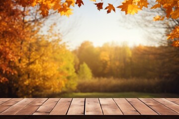 Naklejka na ściany i meble Empty wooden table with autumn background