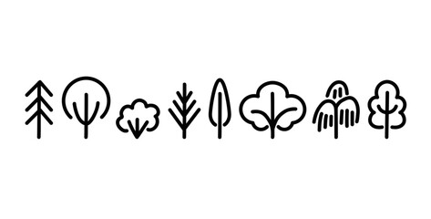 Hand drawn tree icons collection. Vector black line illustration isolated on white background.