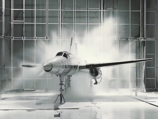 In a wind tunnel, an aircraft is being tested for its aerodynamic performance.