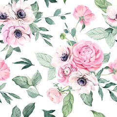 Watercolor Seamless Pattern with Ranunculus and Anemones - obrazy, fototapety, plakaty