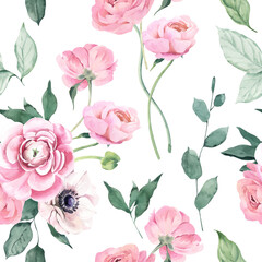 Watercolor Seamless Pattern Background with Ranunculus and Anemones