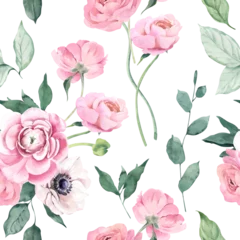 Behang Watercolor Seamless Pattern Background with Ranunculus and Anemones © Юлия Павлова