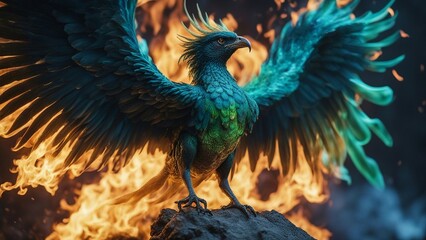 bird of prey A blue and green phoenix on fire that changes color                               