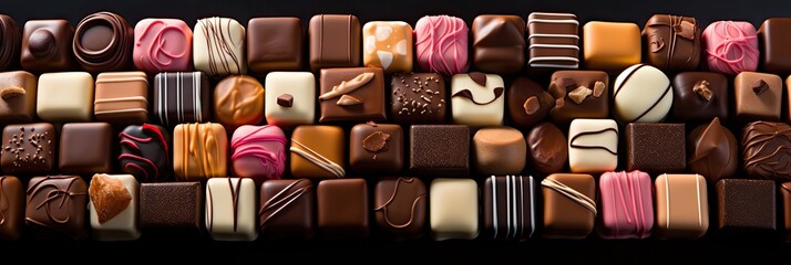 A collection of various types of chocolates, including milk, dark, and white, neatly arranged on a black background.