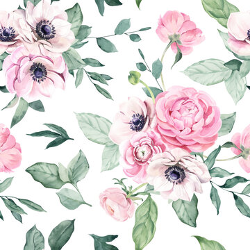 Watercolor Seamless Pattern with Ranunculus and Anemones