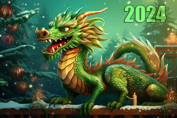 Obraz premium A fabulous green wooden dragon. A cute cartoon green dragon is sitting next to a Christmas tree with gifts. New Year's 2024 card