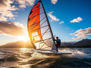 A vibrant windsurfing sail standing tall against the blue sky, gracefully harnessing the power of wind.