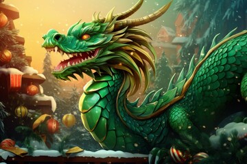A fabulous cartoon green wooden dragon next to a Christmas tree with gifts. The symbol of the Chinese Asian New Year 2024.