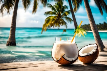 A coconut dream: a coconut water cocktail in a coconut-shaped glass, presented on a serene beach...