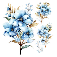 vector set of blue flowers and golden leaf (1)