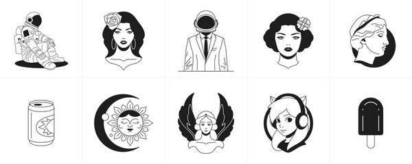 Trendy surreal monochrome line cartoon characters groovy icon set vector illustration