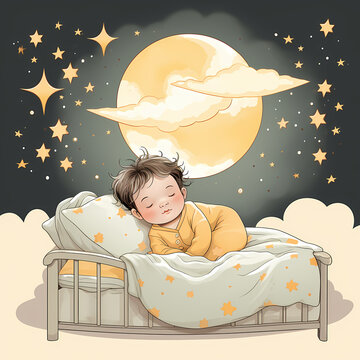 Cartoon kid boy sleep at night, wake up at morning.