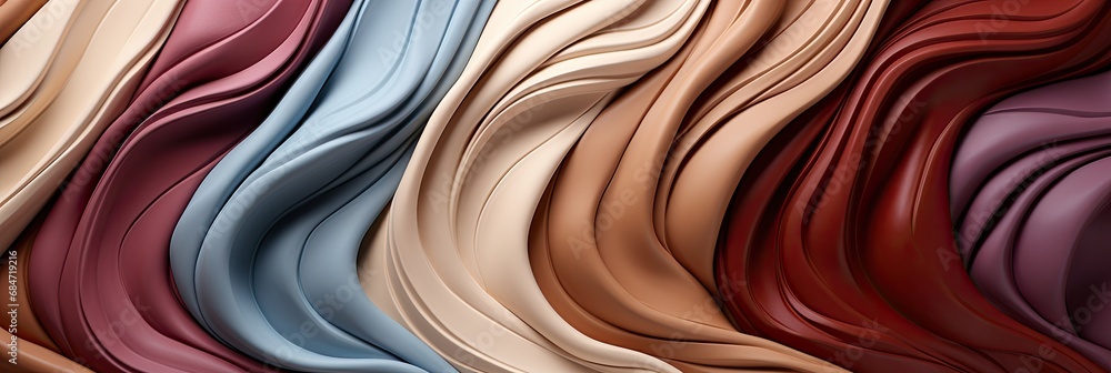 Poster a collection of various colors and textures of fabric neatly arranged, showcasing a vibrant assortme