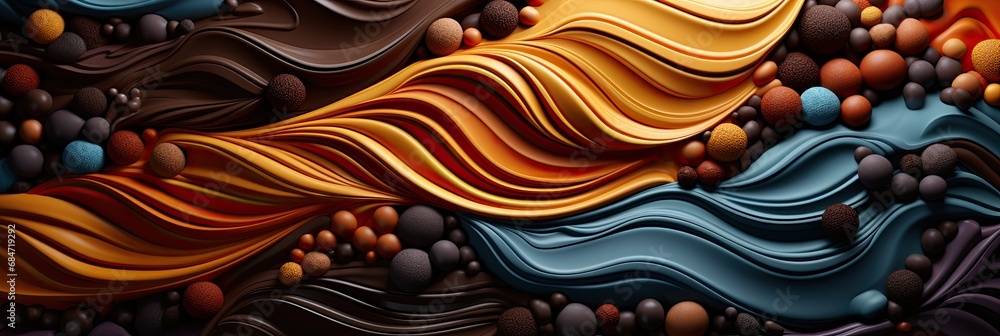 Poster a vibrant painting depicting a wave composed of various hues crashing against a surface.