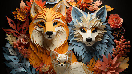 Paper Foxes with Flowers on a Black Background: A Photo of Paper Sculptures in Different Colors and Sizes