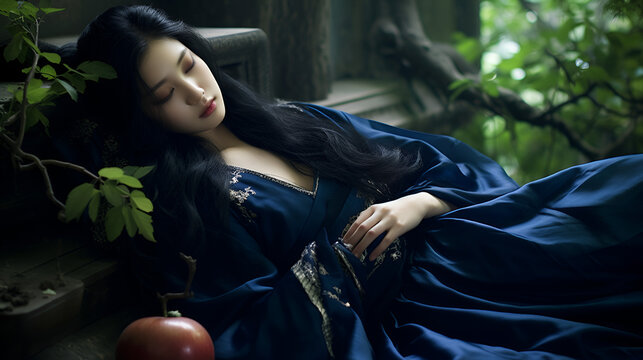 Chinese woman in a blue hanfu dress laying down for some rest