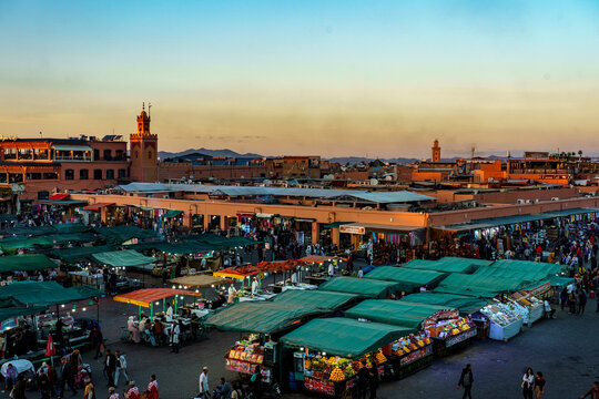 Morocco. Marrakesh. Night activity on Jemaa el Fna Square at sunset