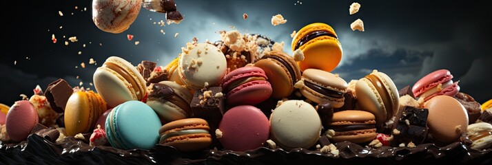 A cascade of colorful macaroons falling through the air in a dynamic movement.