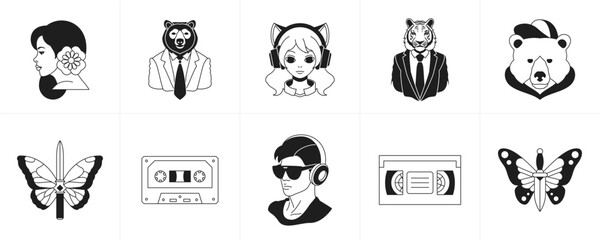 Surreal retro groovy minimalist cartoon character and elements monochrome line icon set vector