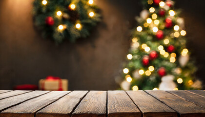 Fototapeta na wymiar Empty wooden table with Christmas theme in background