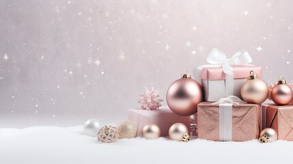 Fototapeta na wymiar Lots of pink Christmas gift boxes with bows, Christmas tree, silver decorative balls, snowflakes on a pink background. Happy New Year