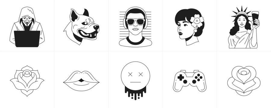 Surreal retro groovy cartoon characters monochrome elements line tattoo icon set vector illustration