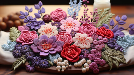 Fabric Flowers on a Wooden Table: A Photo Realistic Image of a Bouquet of Flowers in Various Shades of Pink, Purple, and Red

